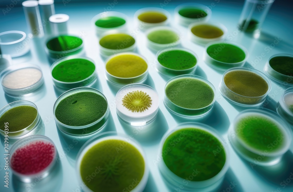 Algae, microalgae in petri dishes research in laboratories. biotechnology, science. Macro. Biofuel research process in laboratory. Generative AI