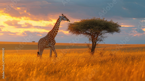 High-quality photo of a giraffe standing and eating tree leaves somewhere in the savannah © Ruslan