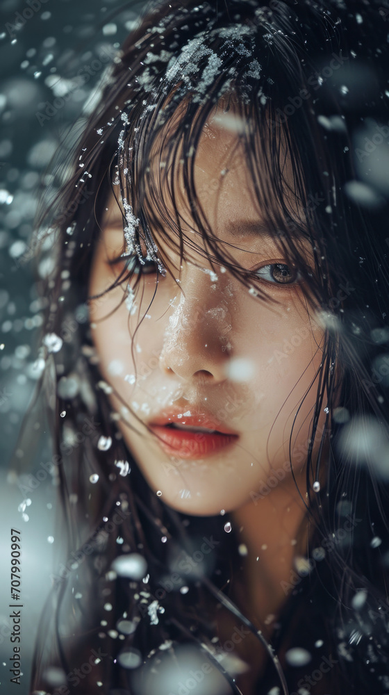 Winter portrait with close up image of asian model. Falling snow in winter storm, stunning concept image.