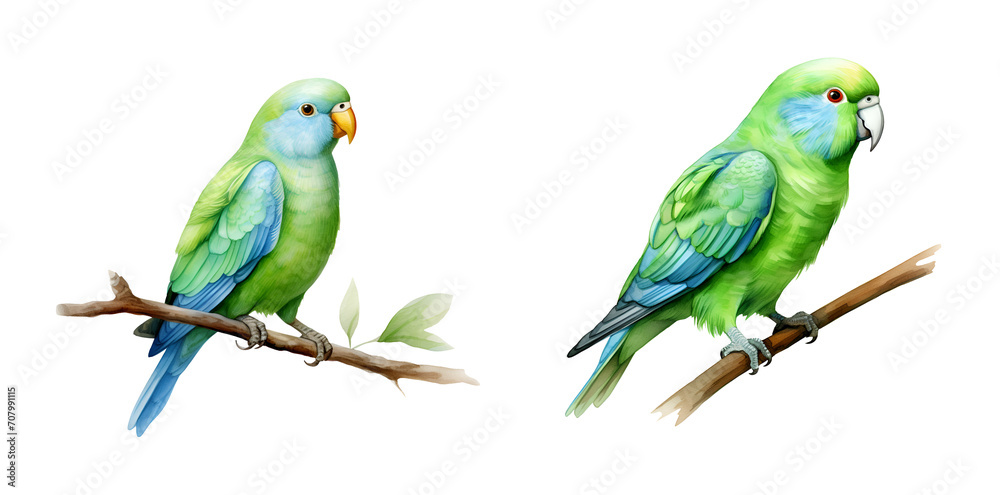 Fototapeta premium Green parrotlet bird, watercolor clipart illustration with isolated background.
