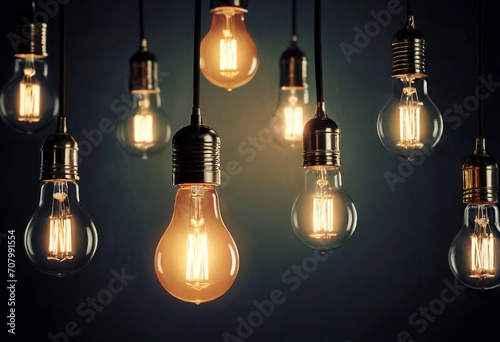 Multiple retro-style light bulbs hang from the ceiling in a dark room a concept of teamwork for all those who are thinking creatively and out of the box.
