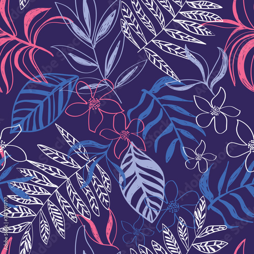 Tropical hibiscus seamless floral pattern with palm leaves. Blue, pink and white. Vector. sketchy hand drawn print. For girls, teens, boys, summer and swimwear and fashion