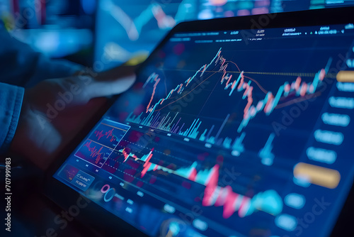 Close-up view of tablet display showing stock market graphs and financial charts