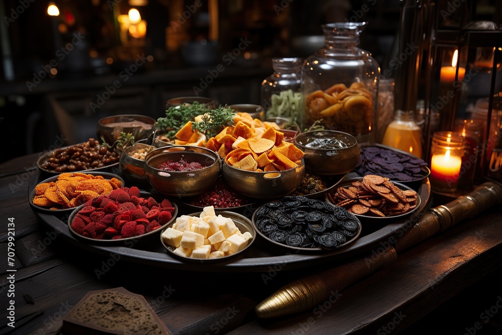 Assorted dried fruits, nuts, and snacks presented on a dark platter with ambient lighting Assorted dried fruits, nuts, and snacks presented on a dark platter with ambient lighting