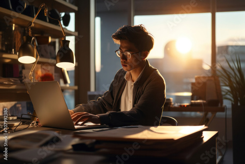 Dedicated professional working late hours, illuminated by the soft glow of desk lamps against the sunset backdrop