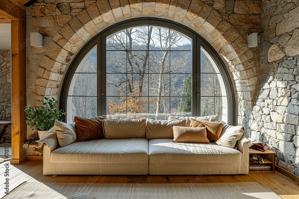 Beige sofa against of arched window. Rustic interior design of modern living room with stone cladding walls. - obrazy, fototapety, plakaty 