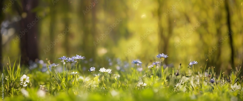 Beautiful meadow field with fresh grass and yellow dandelion flowers in nature against a blurry background.