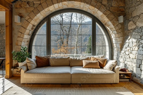 Beige sofa against of arched window. Rustic interior design of modern living room with stone cladding walls. © Esha