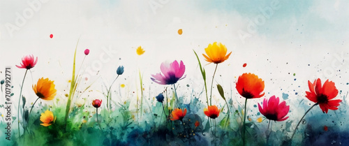  watercolor gradient rainbow flowers on a white background peonies poppies summer spring concept