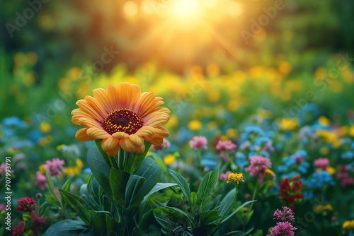 Blooming flower yellow orange gerbera daisy against blurred sunset background 