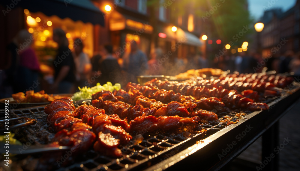 Grilled meat skewers sizzle on the barbecue, creating a mouthwatering feast generated by AI