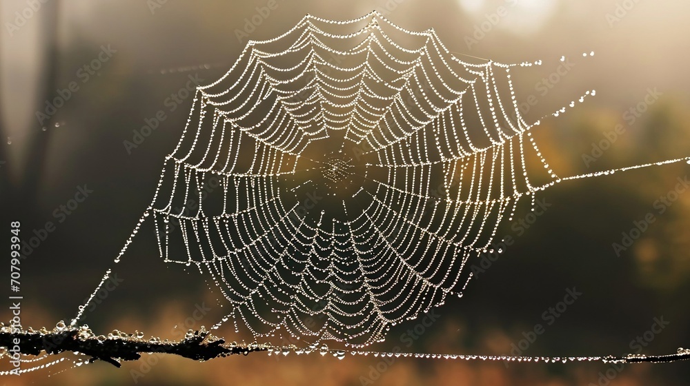 A spiderweb caught in the morning dew, its threads adorned with sparkling diamonds of light