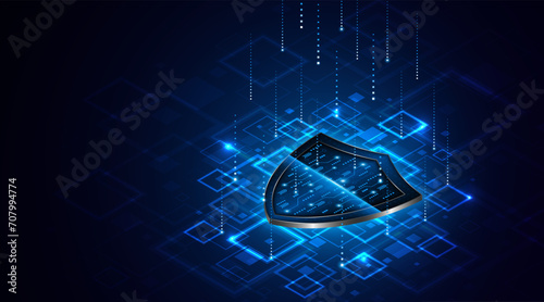 Abstract technology circuit board background with shield symbols concept of data protection and cyber privacy. modern security technology innovation concept background 