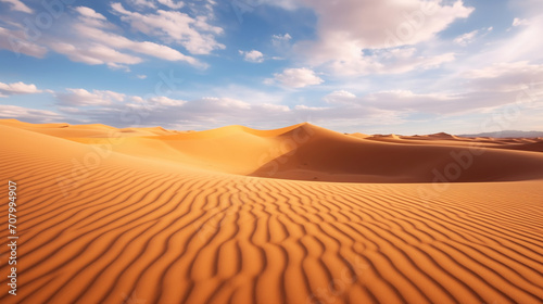 Light blue sky with light clouds, Desert, dunes, relief surface, wavy orange, yellow sand. Unevenness, potholes, deep holes and peaks. Bright sunny day, shadows, glow.