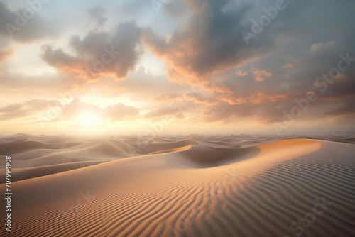 Evening sky with sunset and light clouds, Desert, dunes, relief surface, wavy sand. Pastel delicate peach tones. Unevenness, potholes, deep holes and peaks. Time before sunset, shadows, glow.