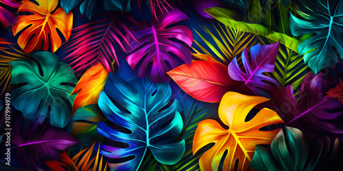 Background with tinted colorfull tropical leaves