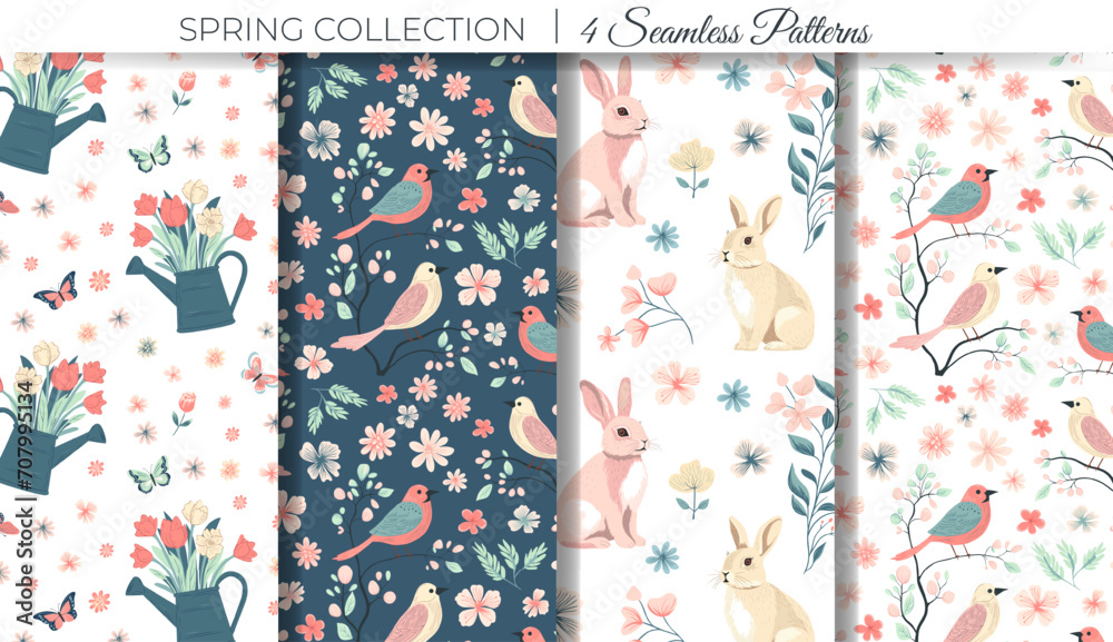 Set of spring background with bunny, watering can and birds. Spring seamless patterns. Easter ornament