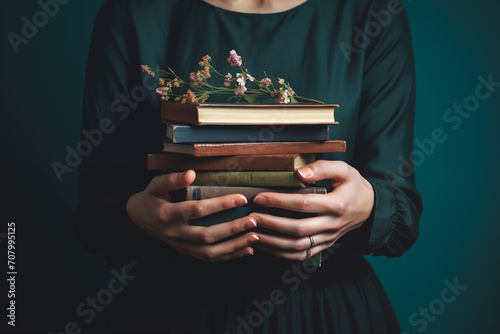 woman holding a pile of books