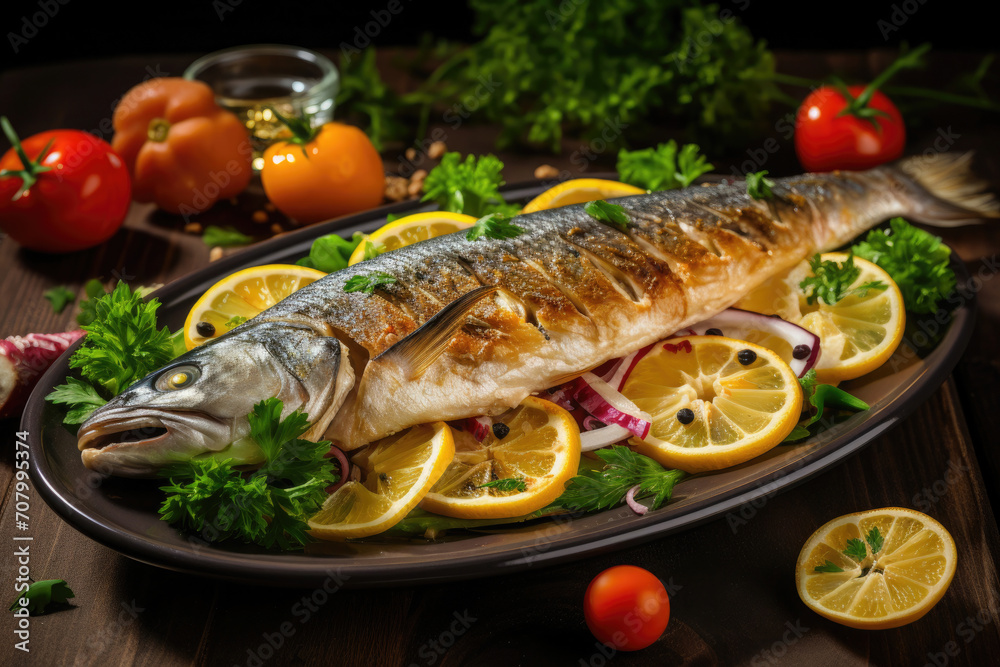baked mackerel fish with a golden crust, lying on round lemon slices with parsley and spices baked mackerel fish with a golden crust, lying on round lemon slices with parsley and spices