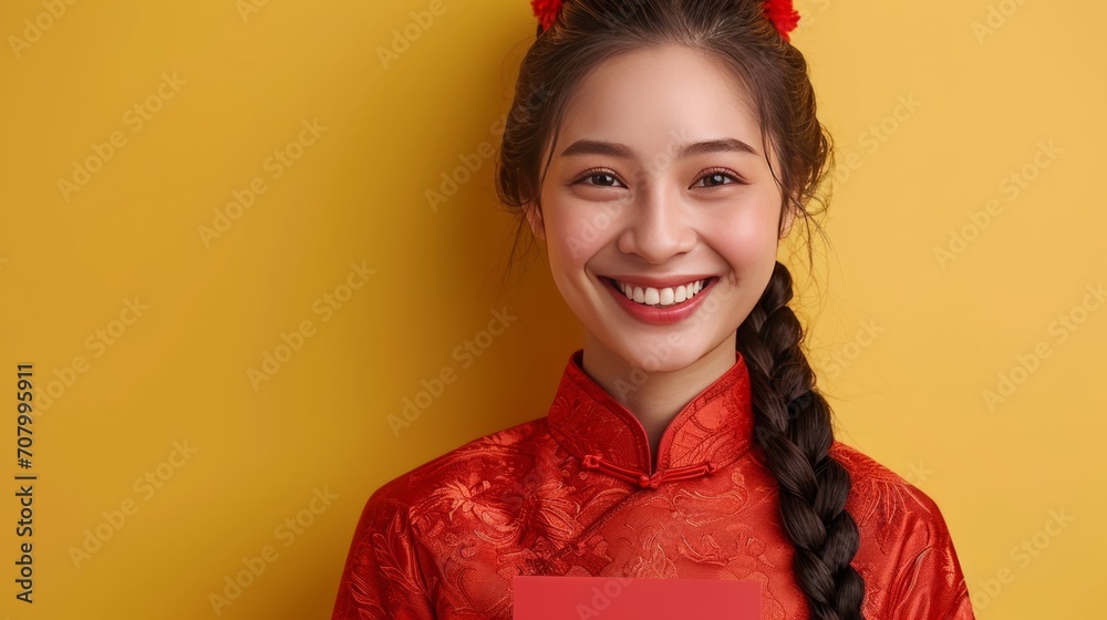 Young woman in red cheongsam holding red envelope in hand, on yellow background Young woman in red cheongsam holding red envelope in hand, on yellow background