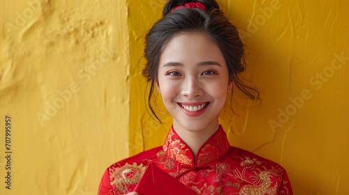 Vibrant celebration as a girl in a red dress welcomes the Chinese New Year with joy. Festive imagery radiating warmth and cultural richness. Ideal for diverse visual projects. photo