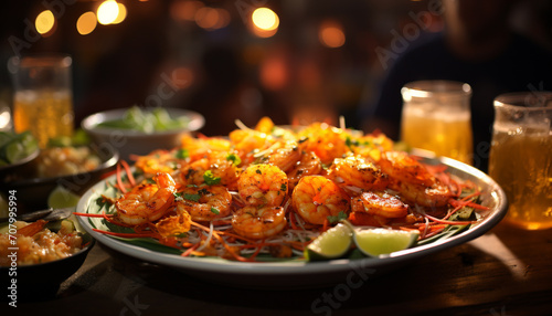 Fresh seafood appetizer on a plate, grilled prawn with lemon generated by AI