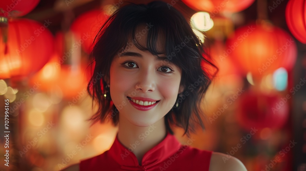 Horizontal image of a young woman in a red cheongsam, against a background filled with many red lanterns. Horizontal image of a young woman in a red cheongsam, against a background filled with many red lanterns.