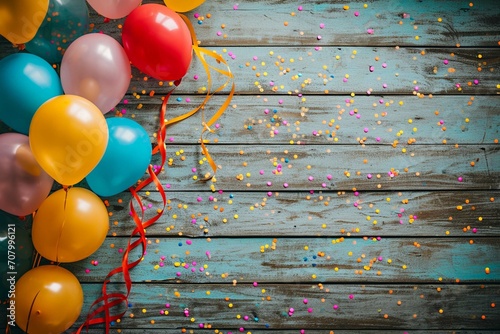 Colorful carnival or party balloons, streamers and confetti on rustic grunge wood planks with copy space.
