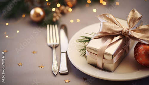 A festive table adorned with shiny Christmas decorations and gold plates generated by AI