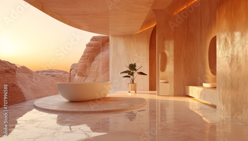 abstract landscape on a bathroom room, minimal style and furniture, alarge window and the desert outside, peace and calm pink and beige color palette photo