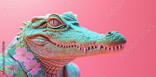 pop art style portrait studio of a lizard face dressed with an elegant flower jacket, pink minimal background