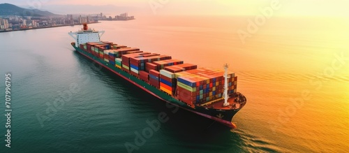 The ship carries a full load of container goods. concept of export import logistics, shipping and transportation.