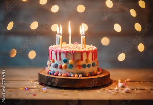 Celebrare con Gusto- Torta di Compleanno Splendida con Candela Accesa su Supporto di Legno