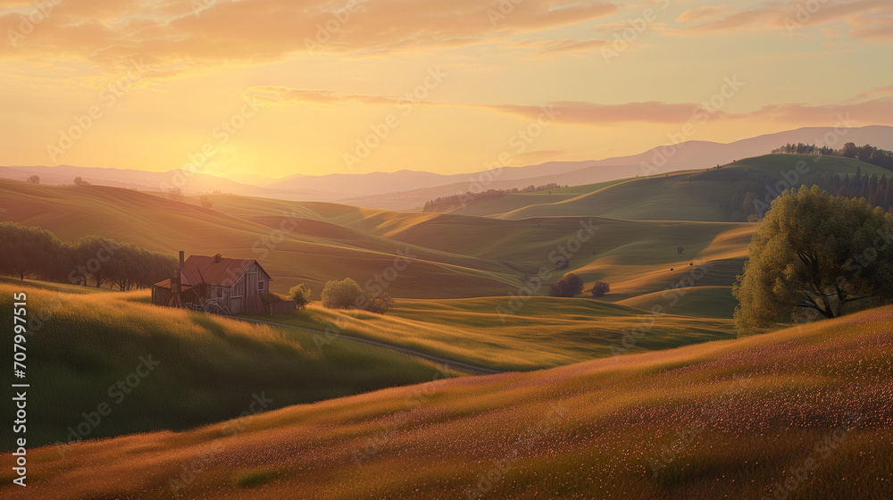 A landscape during sunset, highlighting rolling hills, a lone house, and the warm glow of the setting sun. The sky is painted with warm hues of orange, yellow, and gold.