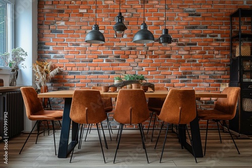Dining table and chairs near terra cotta brick wall. Eclectic or bohemian style interior design of modern dining room photo
