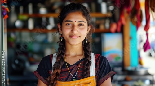 A young woman with braided hair and a traditional dress smiles warmly, standing in her vibrant local shop photo