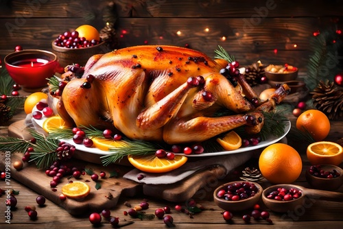 Christmas roasted turkey with cranberries and oranges on rustic wooden table 
