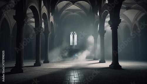 abstract renaissance empty big hall dark gothic light and smoke room minimalist background, Ai generated image photo