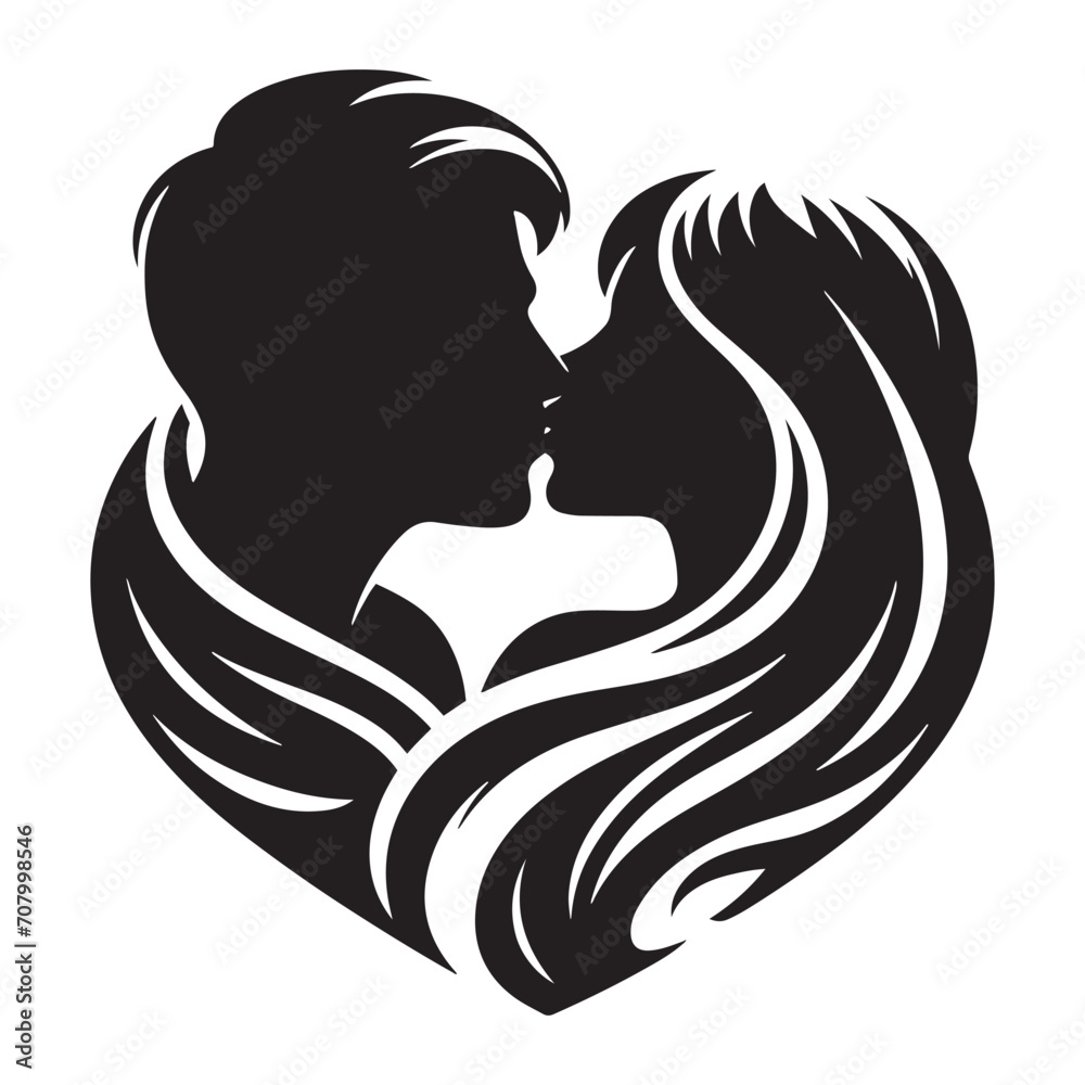 Enchanting Unity: Graceful kissing silhouette, a visual celebration of the enchanting unity of love - Valentine Silhouette - kissing vector
