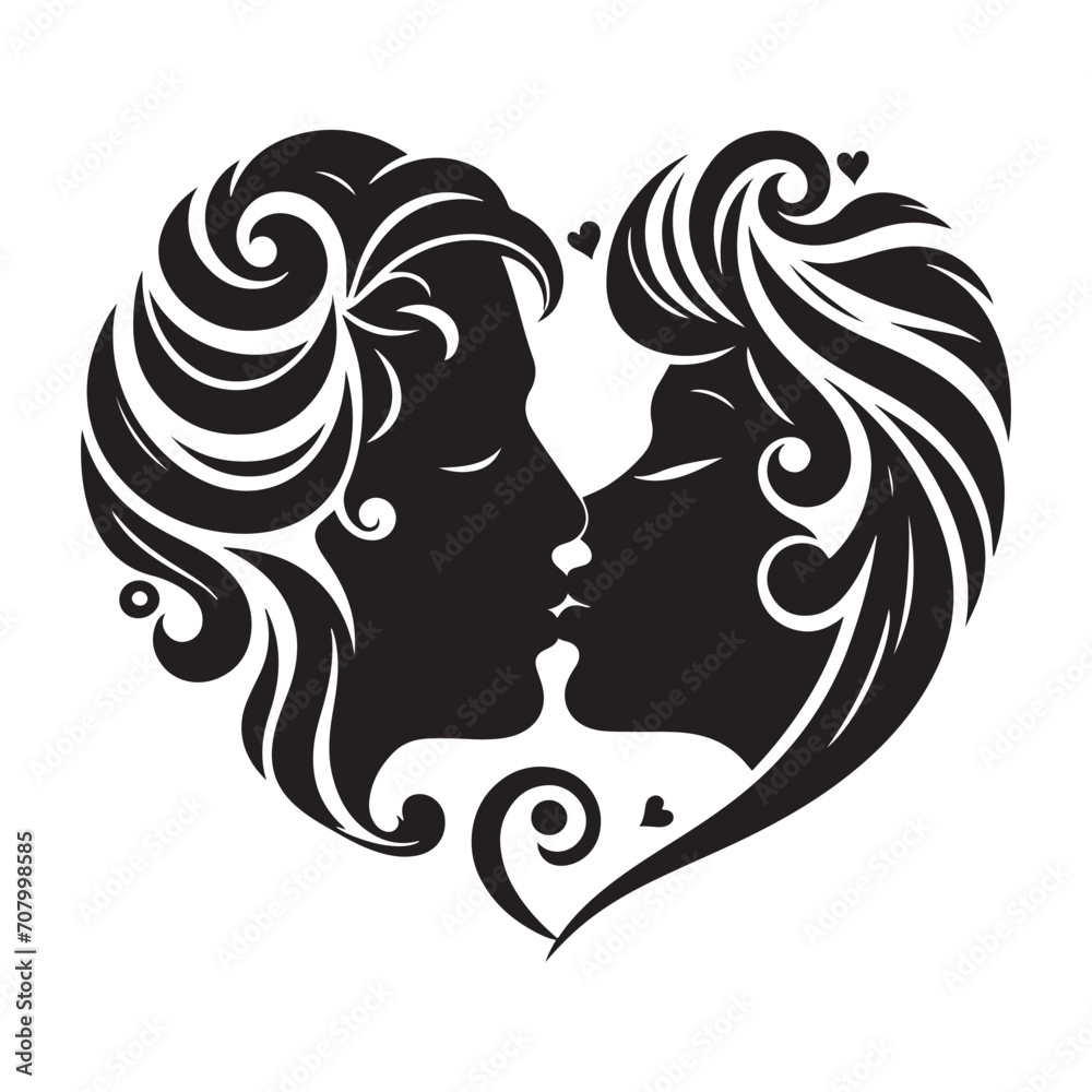Delicate Affection: Couple kissing silhouette, a tender and delicate portrayal of romantic unity - Valentine Silhouette - kissing vector
