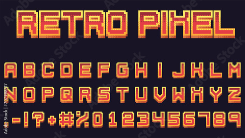 Retro pixel game font. Arcade game 16-bit 3D pixel letters and numbers. Old school video game vector symbols set.