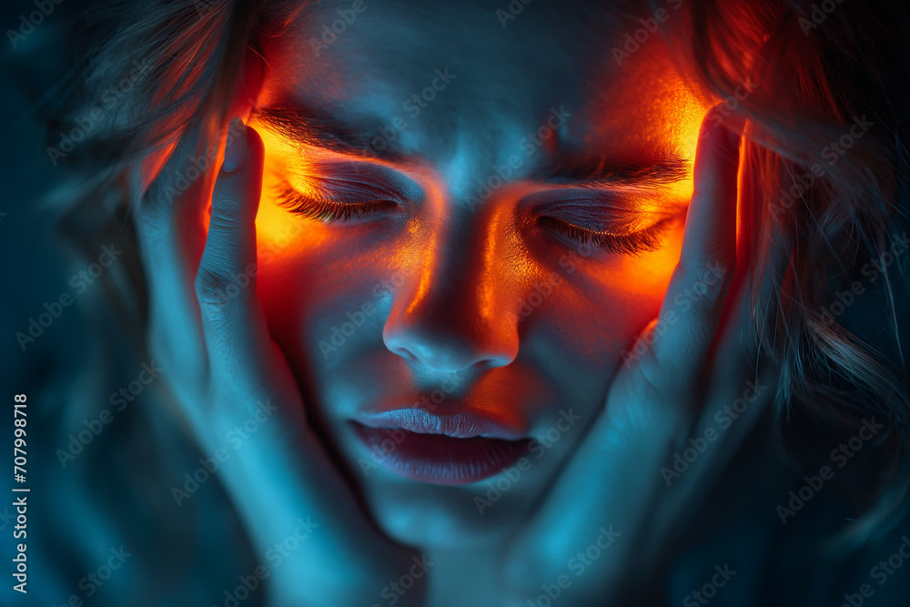 young woman holding her head with her hands. headache. red glow at the temples, blue tinting. young woman holding her head with her hands. headache. red glow at the temples, blue tinting.