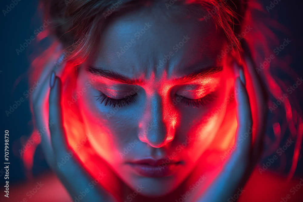 young woman holding her head with her hands. headache. red glow at the temples, blue tinting. young woman holding her head with her hands. headache. red glow at the temples, blue tinting.