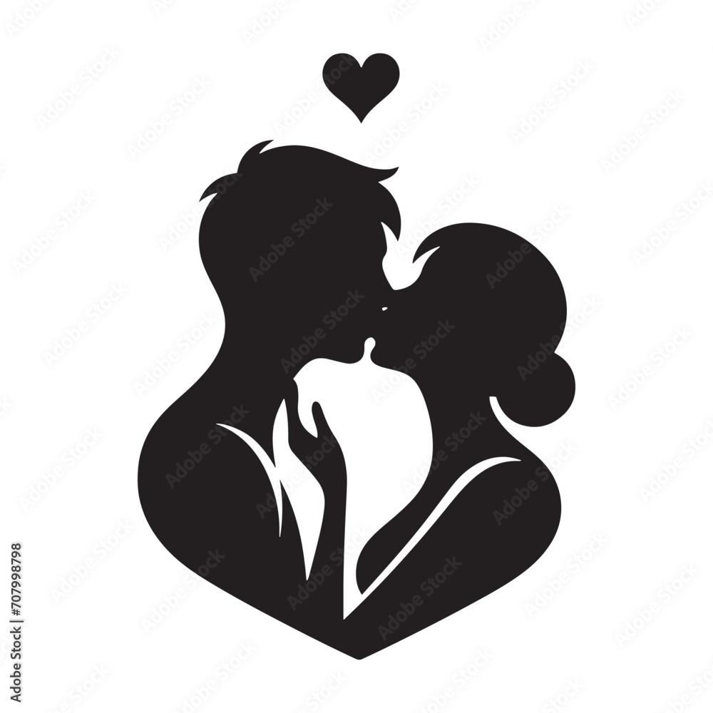 Romantic Fusion: Couple kissing silhouette, an intimate portrayal of harmonious affection - Valentine Silhouette - kissing vector
