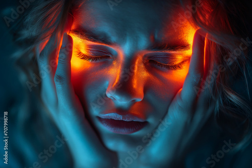 young woman holding her head with her hands. headache. red glow at the temples, blue tinting.