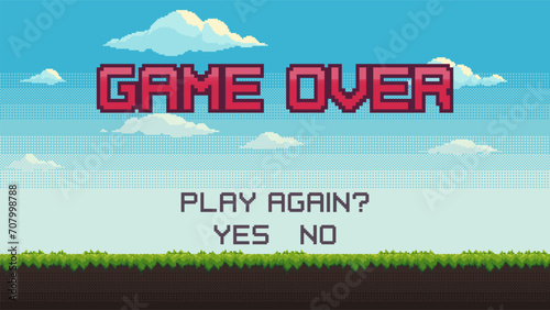 Game over pixel game background. Pixel art game scene with green grass against blue sky. Pixelated vector template for computer video game or app.