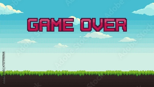 Animated game over pixel game background. Pixel art animation of game scene with green grass against blue sky. Pixelated template for computer video game or app.