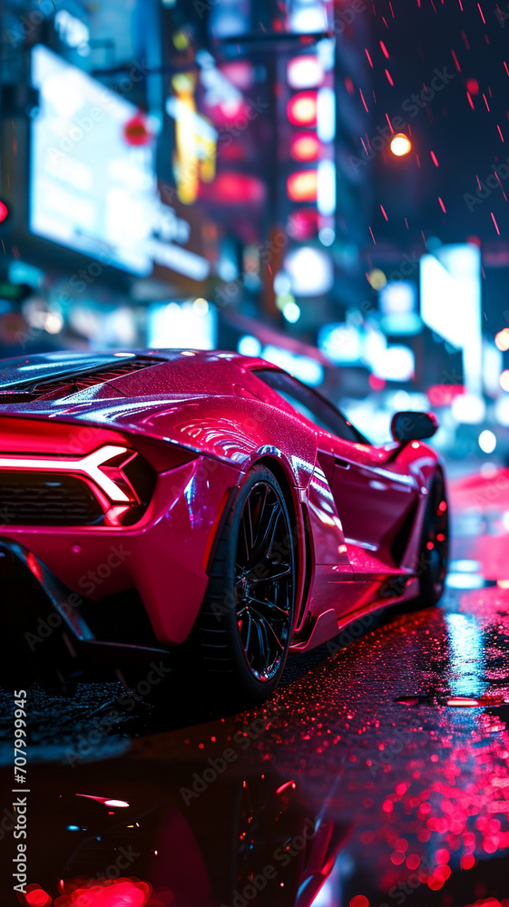 A bright pink supercar with a reflective surface under the bright lights of a city at night