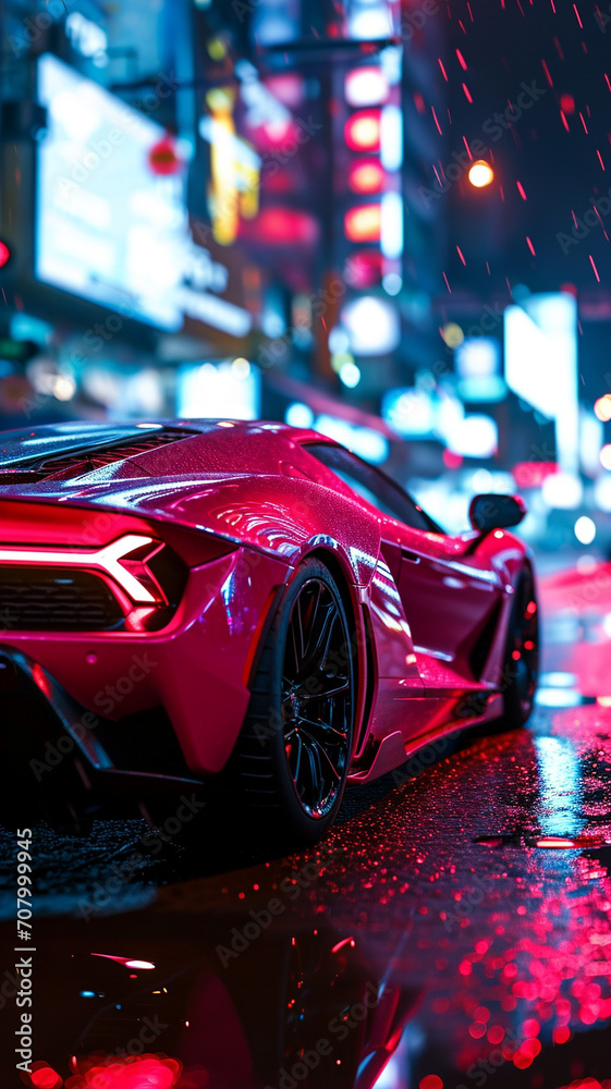 A bright pink supercar with a reflective surface under the bright lights of a city at night A bright pink supercar with a reflective surface under the bright lights of a city at night