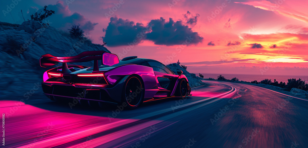 A bright pink supercar with neon underglow cruising down a coastal road at sunset